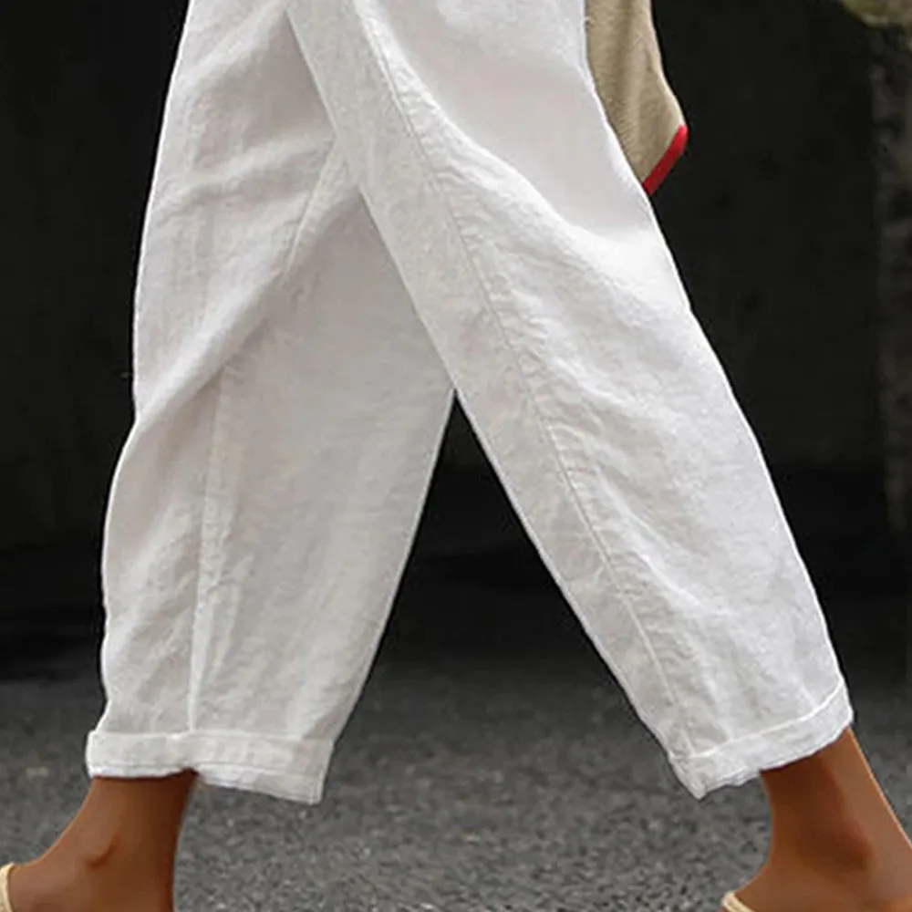 Women Simple Casual Trousers Cotton Linen Solid Color Pockets Drawstring Trousers Summer Thin Ladies Elastic Waist Chino Pants