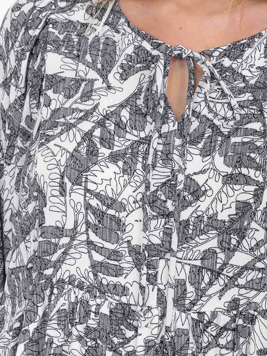 WOMEN'S 3/4 SLEEVE NECK TIE LEAF PRINT TUNIC MINI DRESS