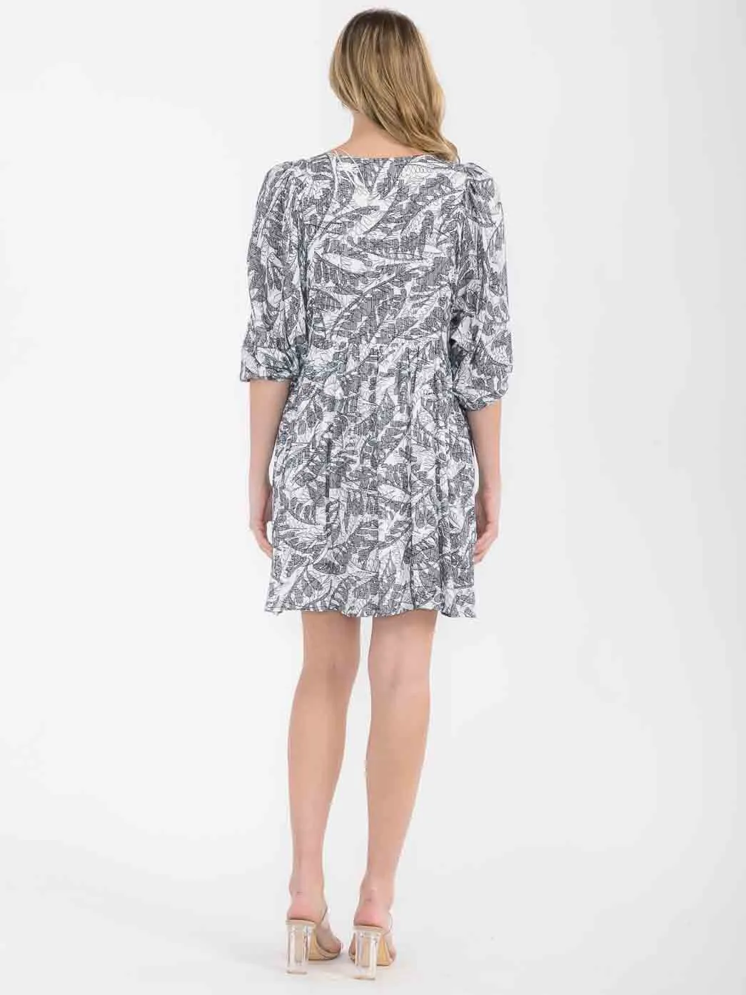 WOMEN'S 3/4 SLEEVE NECK TIE LEAF PRINT TUNIC MINI DRESS