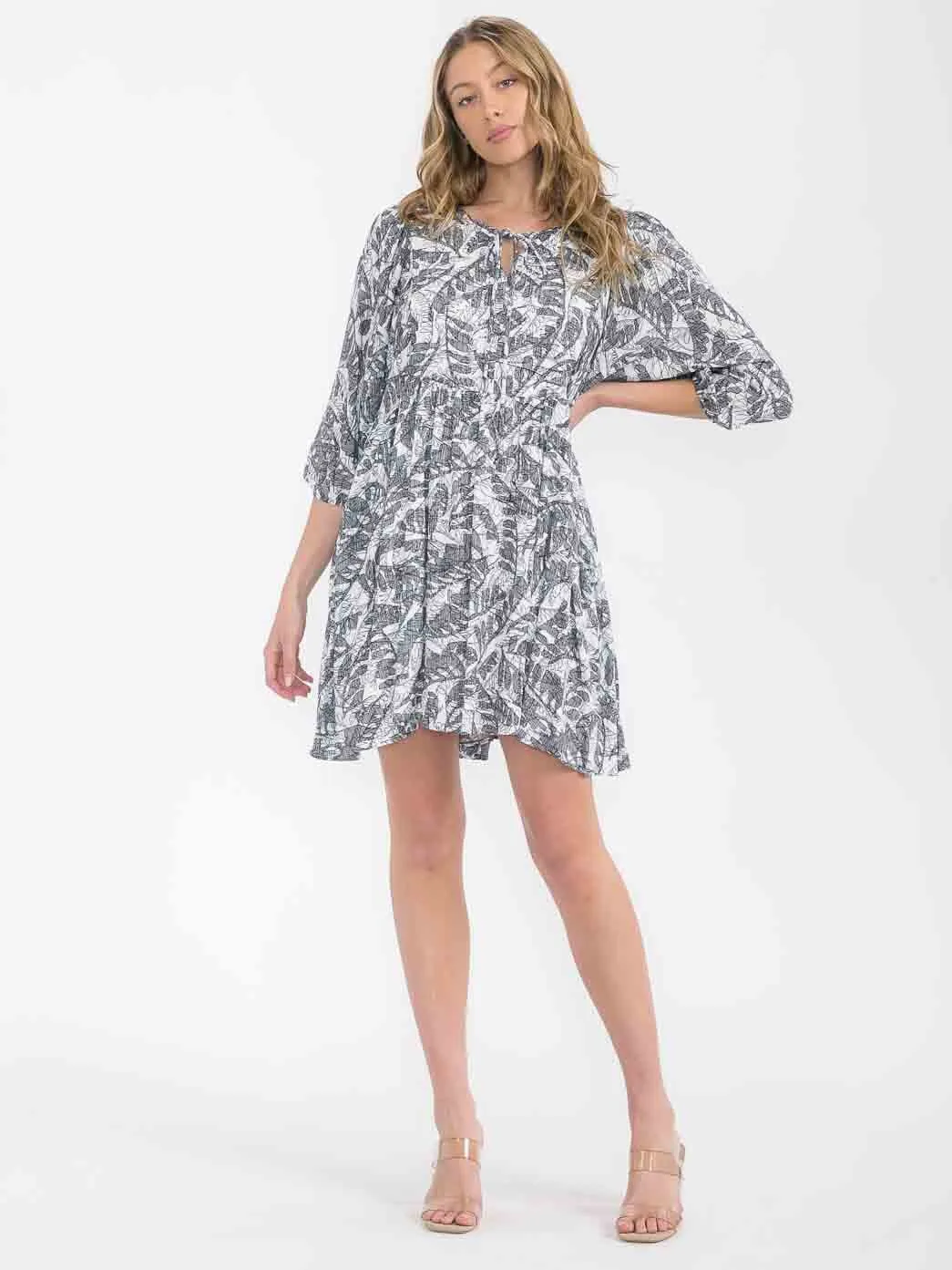 WOMEN'S 3/4 SLEEVE NECK TIE LEAF PRINT TUNIC MINI DRESS