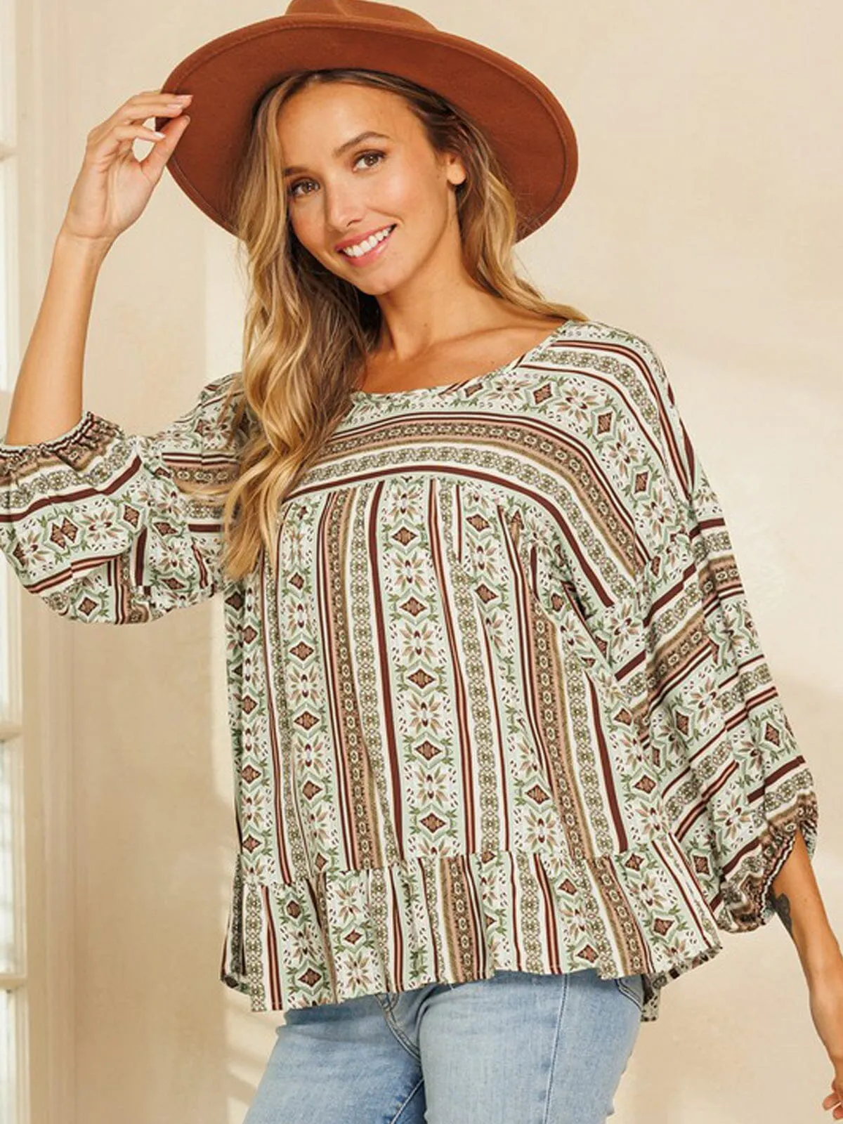 WOMEN'S 3/4 SLEEVE RUFFLE BOTTOM HEM MULTI PRINT TUNIC TOP