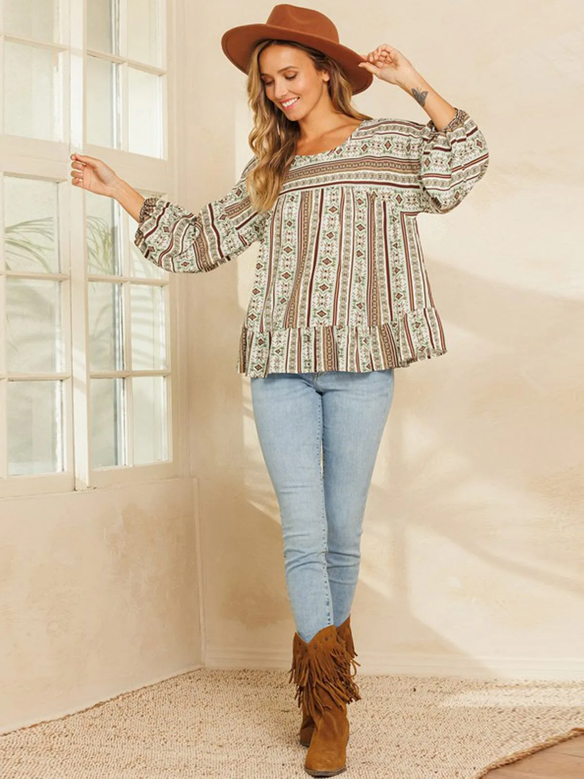 WOMEN'S 3/4 SLEEVE RUFFLE BOTTOM HEM MULTI PRINT TUNIC TOP