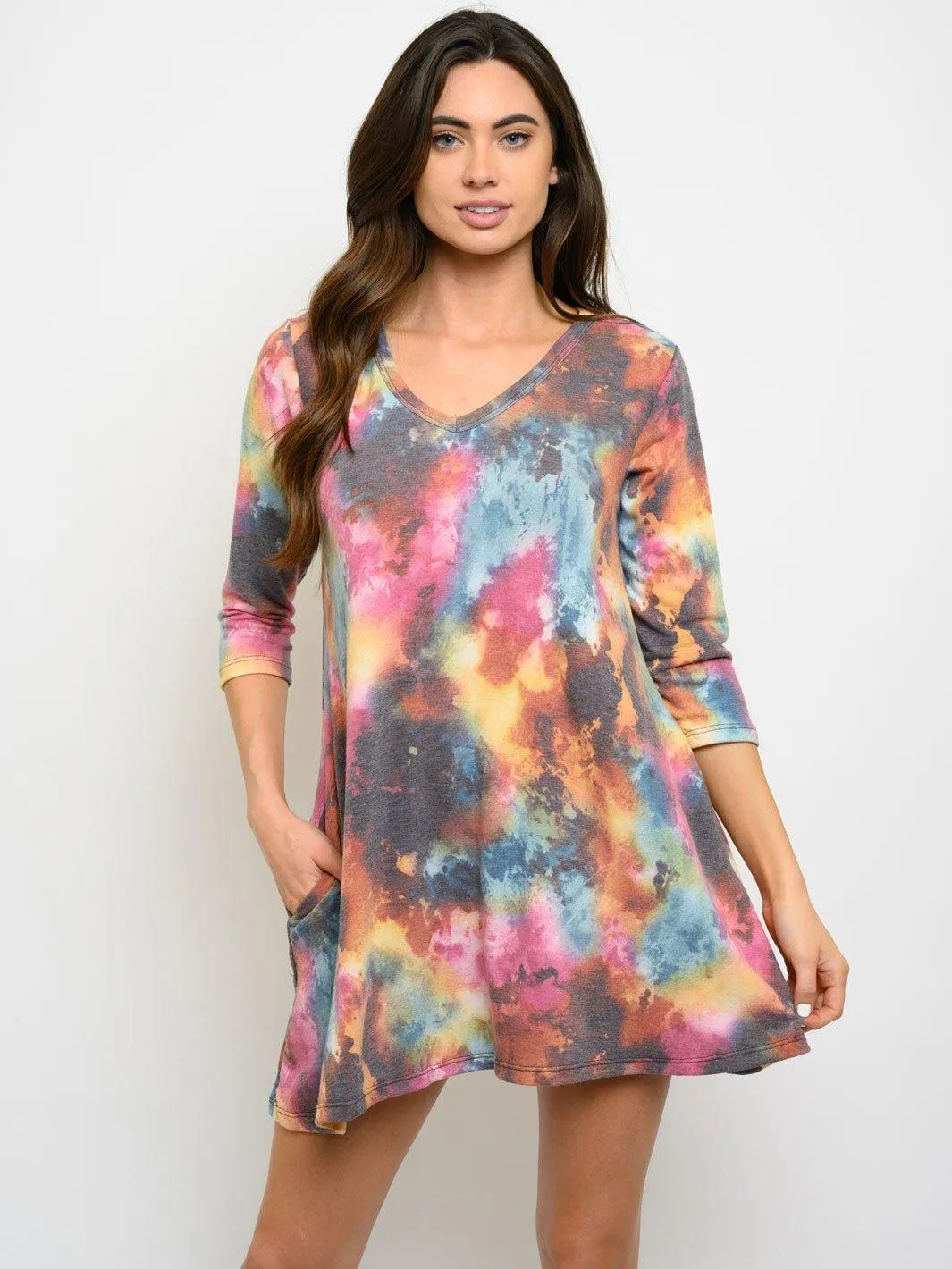WOMEN'S 3/4 SLEEVE TIE DYE TUNIC MINI DRESS