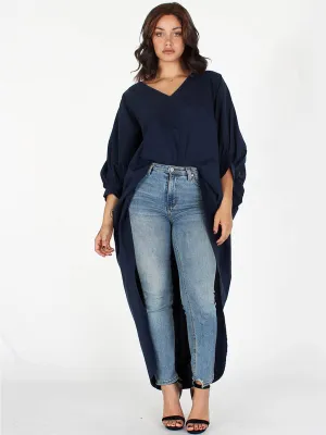 WOMEN'S 3/4 SLEEVES V-NECK HIGH-LOW SOLID TUNIC TOP
