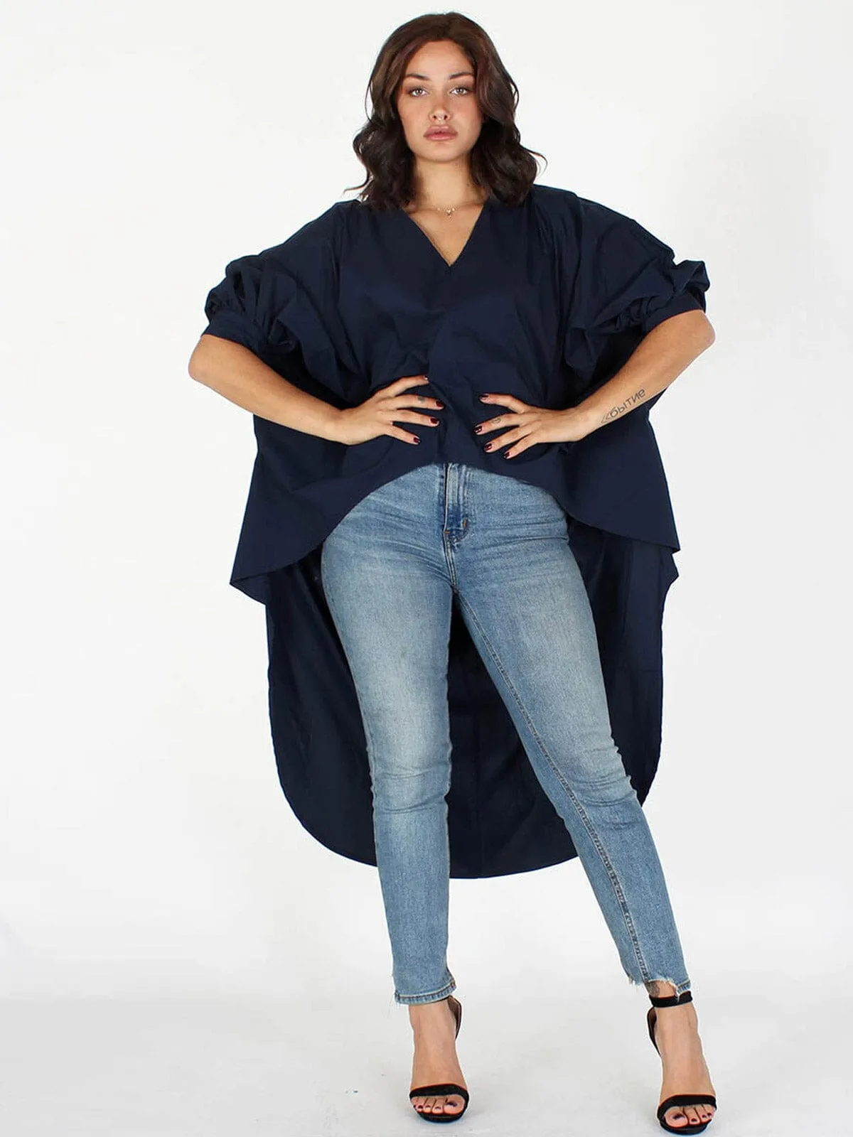WOMEN'S 3/4 SLEEVES V-NECK HIGH-LOW SOLID TUNIC TOP