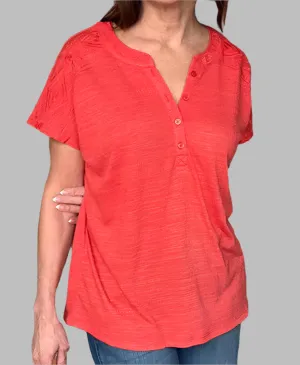 Women's Button Placket V-Neck Embellished Top - 28008