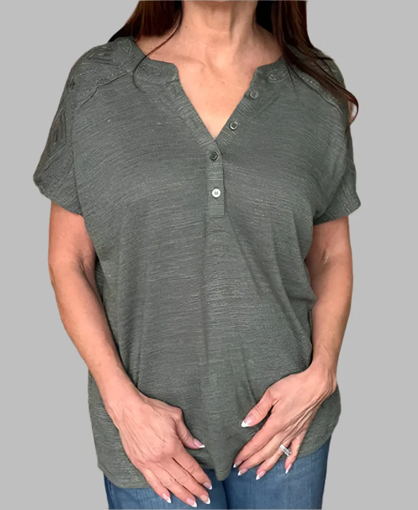 Women's Button Placket V-Neck Embellished Top - 28008