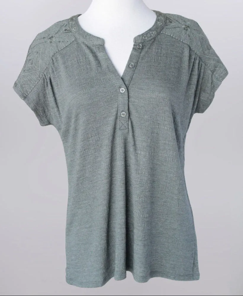 Women's Button Placket V-Neck Embellished Top - 28008