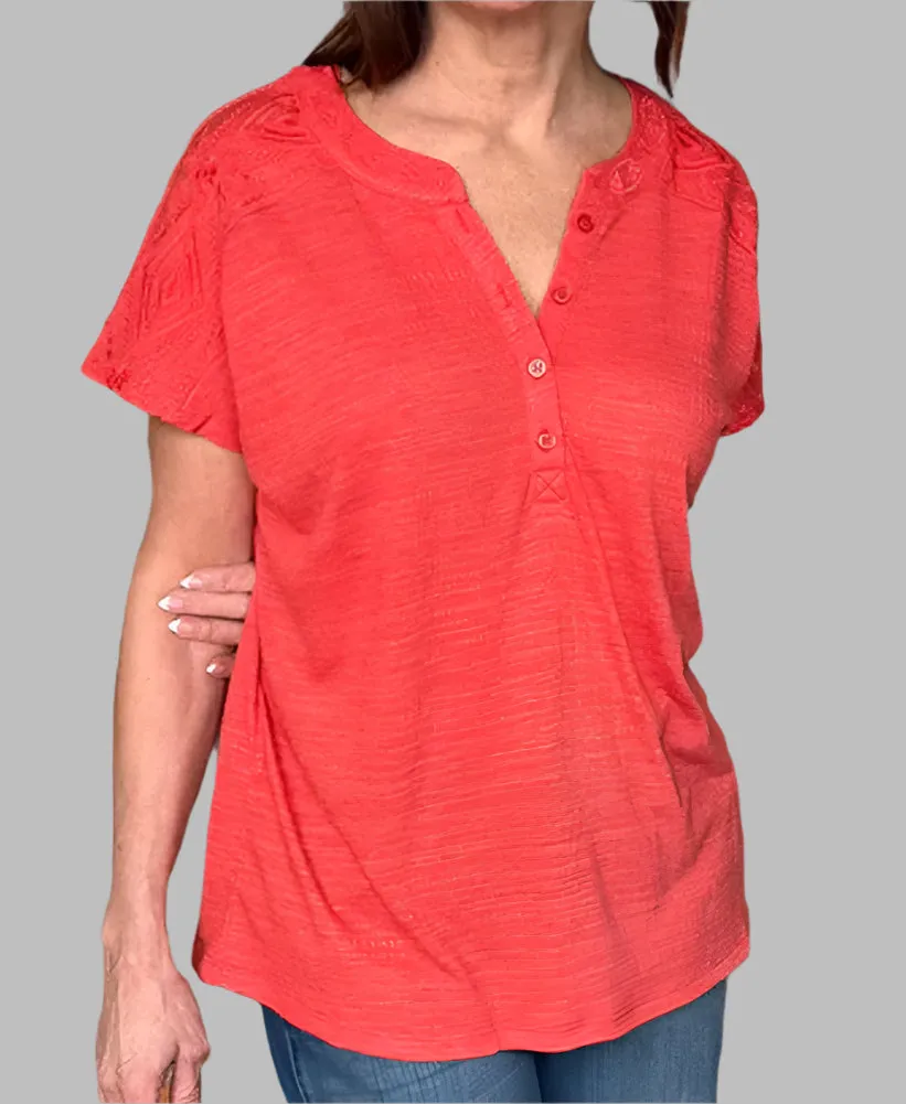 Women's Button Placket V-Neck Embellished Top - 28008