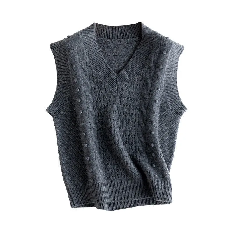 Womens Cable Knit Sleeveless Sweater Vest V-Neck Cashmere Sweater