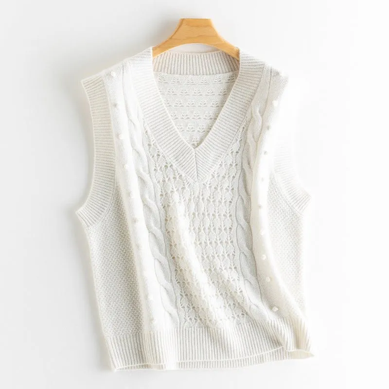 Womens Cable Knit Sleeveless Sweater Vest V-Neck Cashmere Sweater