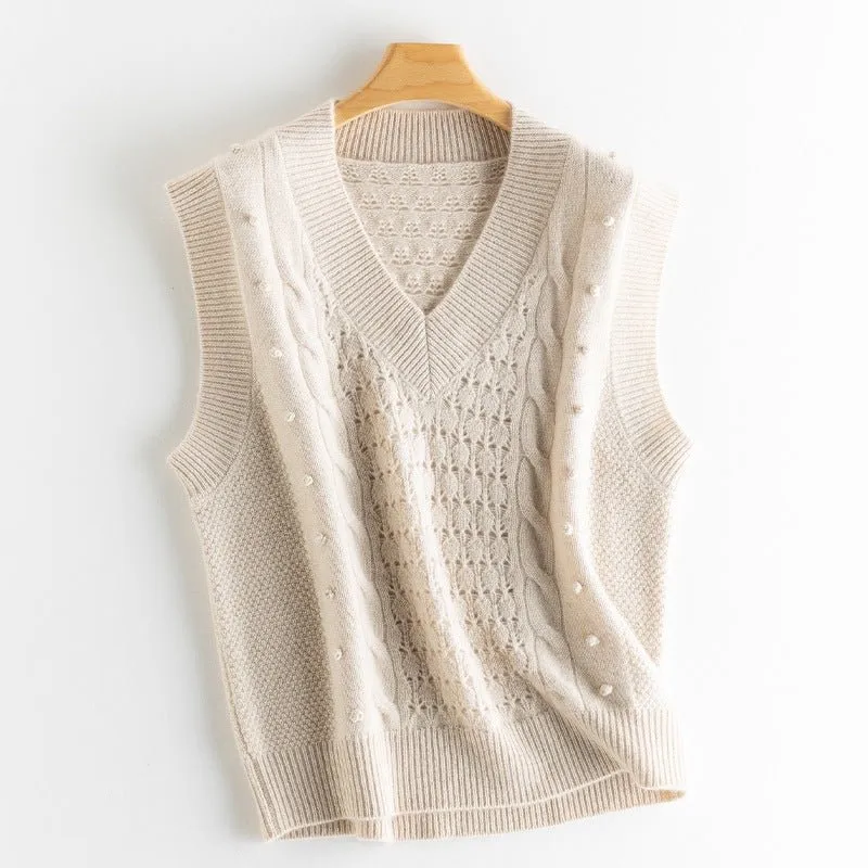 Womens Cable Knit Sleeveless Sweater Vest V-Neck Cashmere Sweater