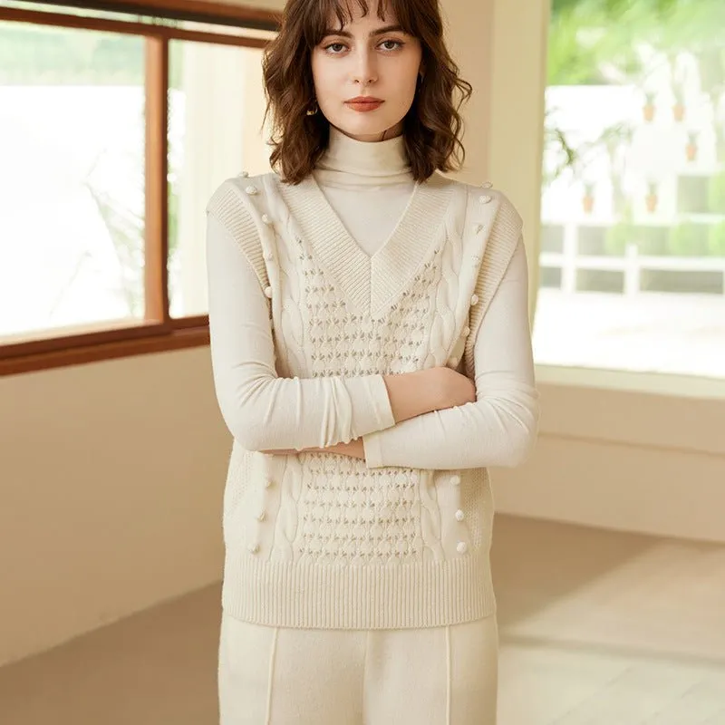 Womens Cable Knit Sleeveless Sweater Vest V-Neck Cashmere Sweater