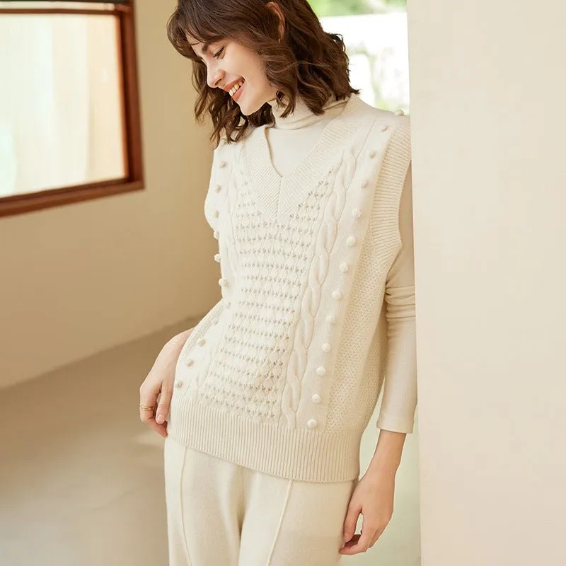 Womens Cable Knit Sleeveless Sweater Vest V-Neck Cashmere Sweater