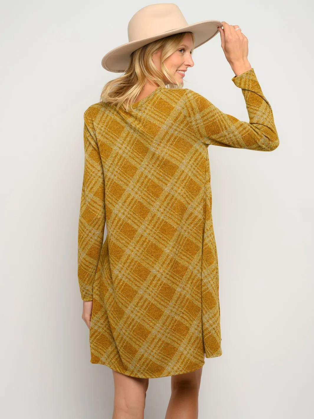 WOMEN'S CHECKERED KNIT POCKETS MINI DRESS