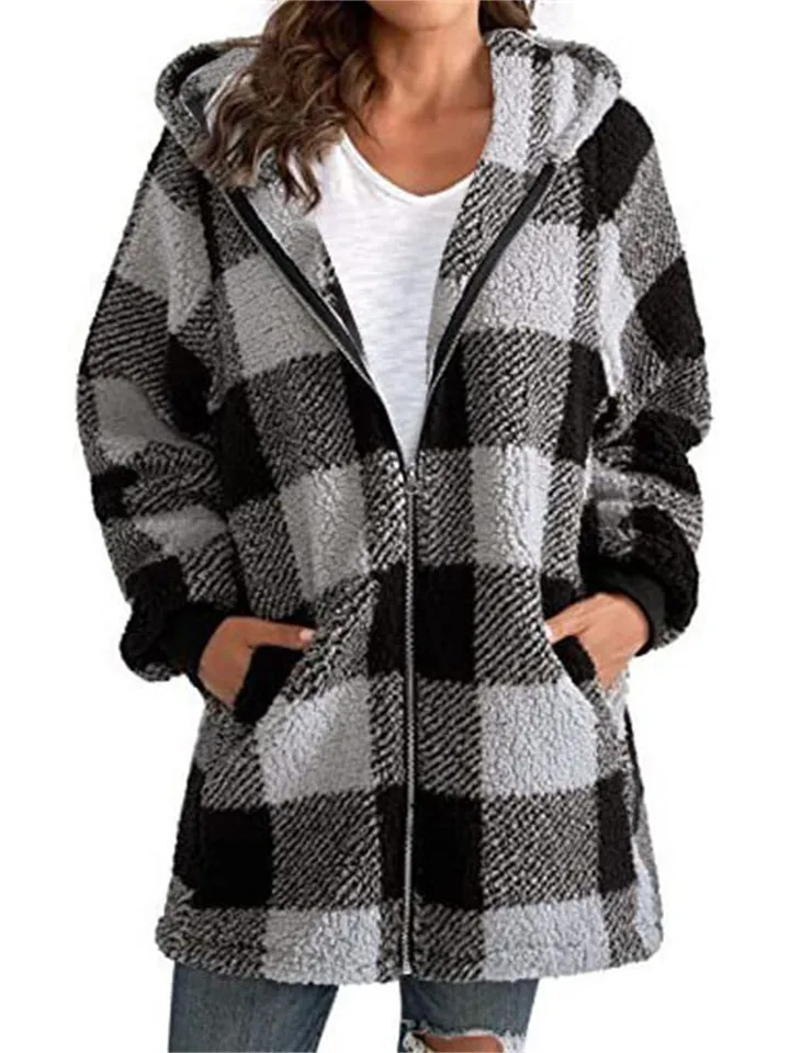 Women's Classic Plaid Zip Up Hooded Plush Jackets with Pockets