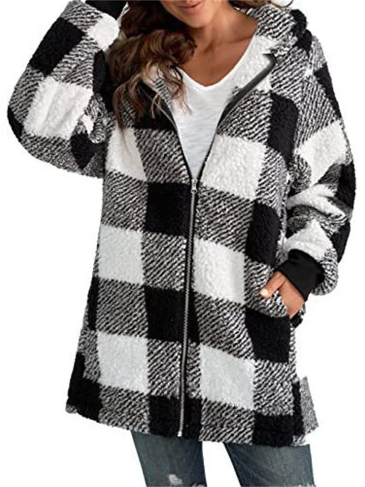 Women's Classic Plaid Zip Up Hooded Plush Jackets with Pockets