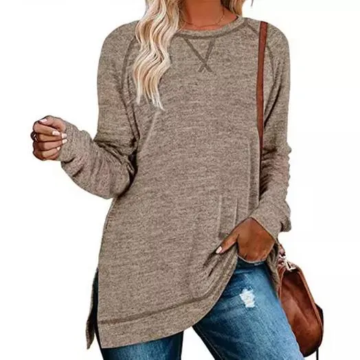 Women's Fall Long Sleeve Side Split Loose Casual Pullover Tunic Tops
