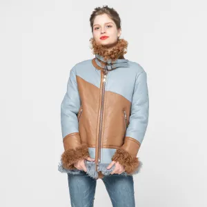 Women's Genuine Sheepskin Leather Jacket Tuscan Wool Coats Blue and Coffee