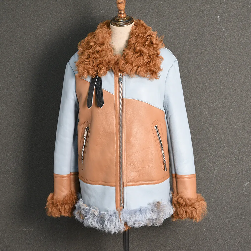 Women's Genuine Sheepskin Leather Jacket Tuscan Wool Coats Blue and Coffee