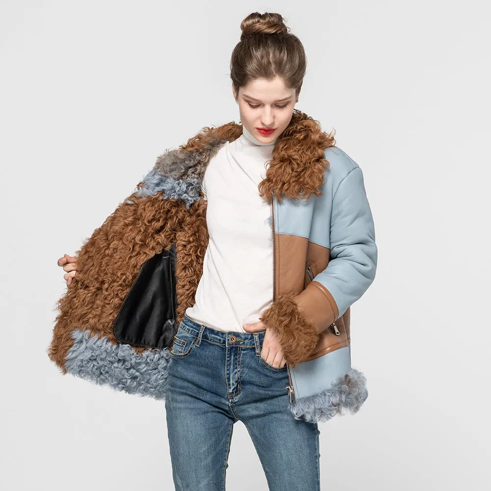 Women's Genuine Sheepskin Leather Jacket Tuscan Wool Coats Blue and Coffee