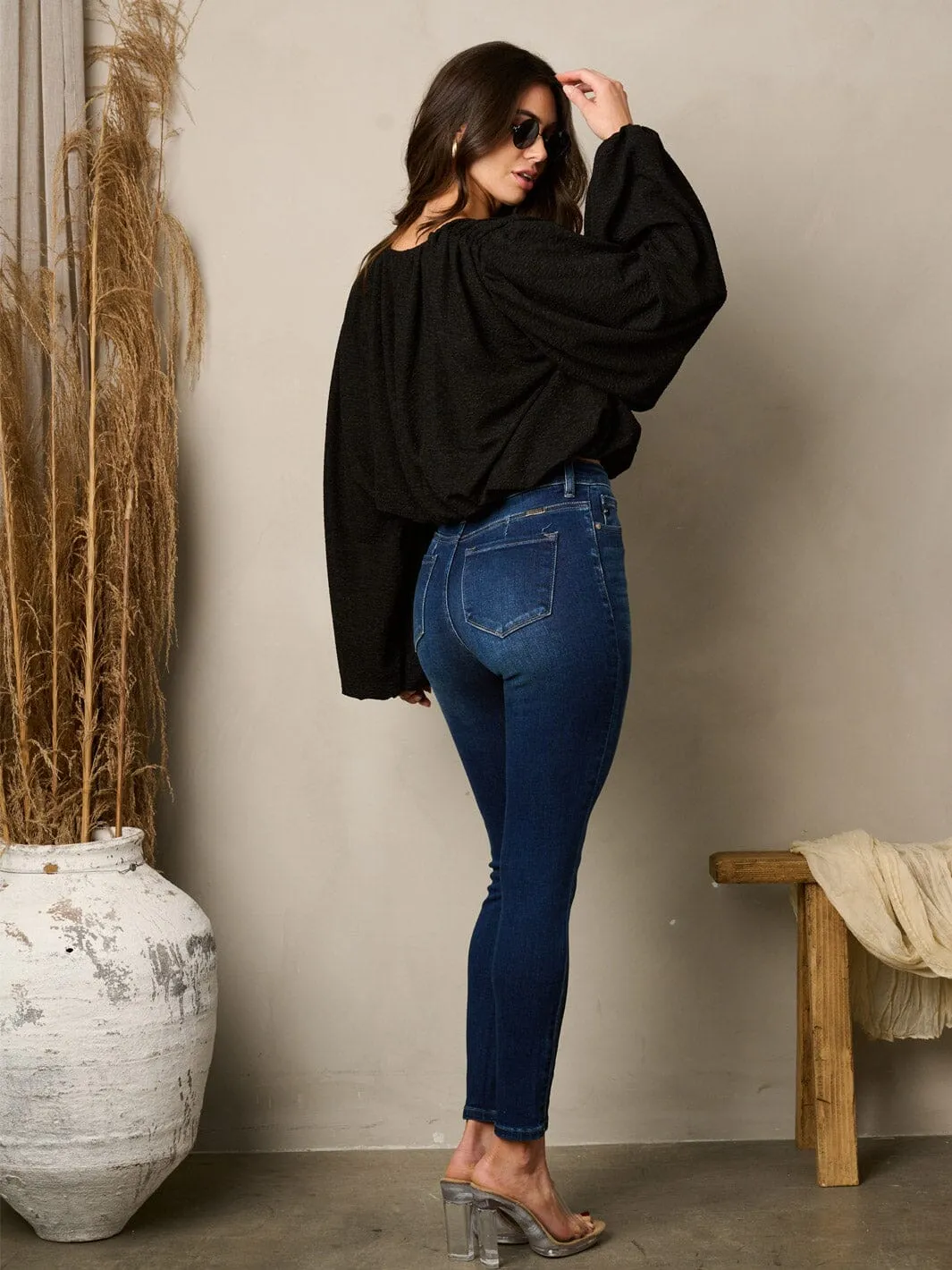 WOMEN'S LONG PUFF SLEEVE SURPLICE TOP