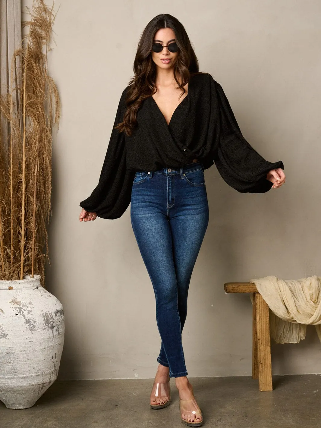 WOMEN'S LONG PUFF SLEEVE SURPLICE TOP
