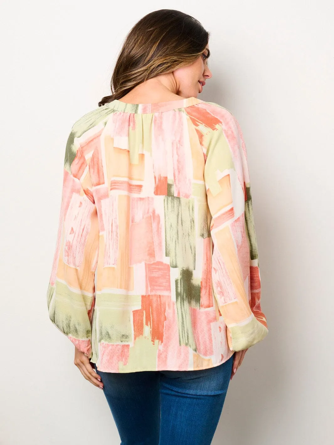 WOMEN'S LONG PUFF SLEEVE V-NECK MULTI PRINT BLOUSE TOP
