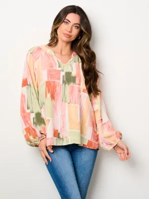 WOMEN'S LONG PUFF SLEEVE V-NECK MULTI PRINT BLOUSE TOP