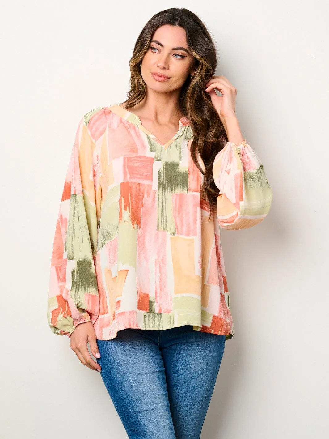 WOMEN'S LONG PUFF SLEEVE V-NECK MULTI PRINT BLOUSE TOP