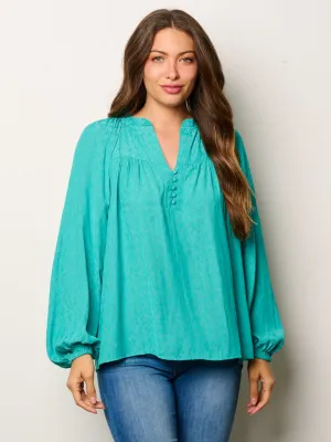 WOMEN'S LONG PUFF SLEEVE V-NECK PRINTED TUNIC BLOUSE TOP
