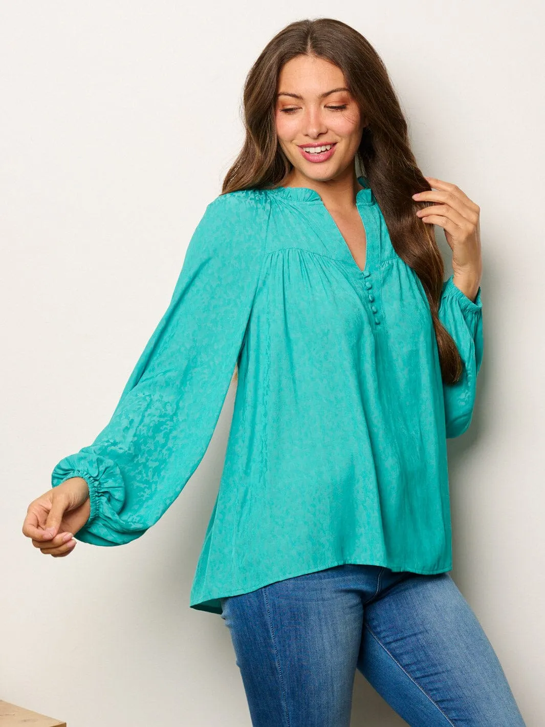 WOMEN'S LONG PUFF SLEEVE V-NECK PRINTED TUNIC BLOUSE TOP