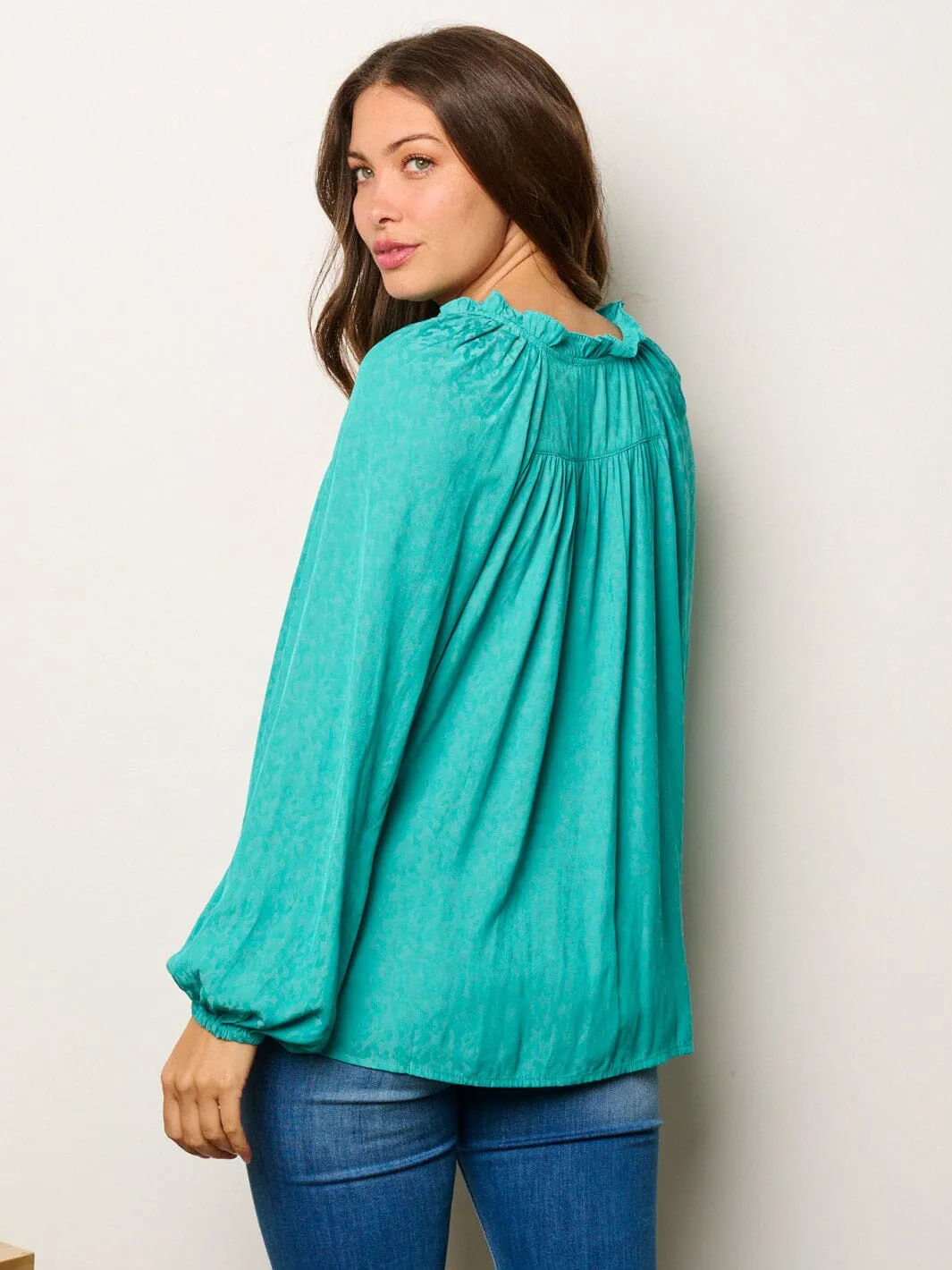 WOMEN'S LONG PUFF SLEEVE V-NECK PRINTED TUNIC BLOUSE TOP