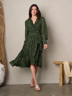 WOMEN'S LONG PUFF SLEEVE V-NECK SHIMMER PRINT WRAP MIDI DRESS