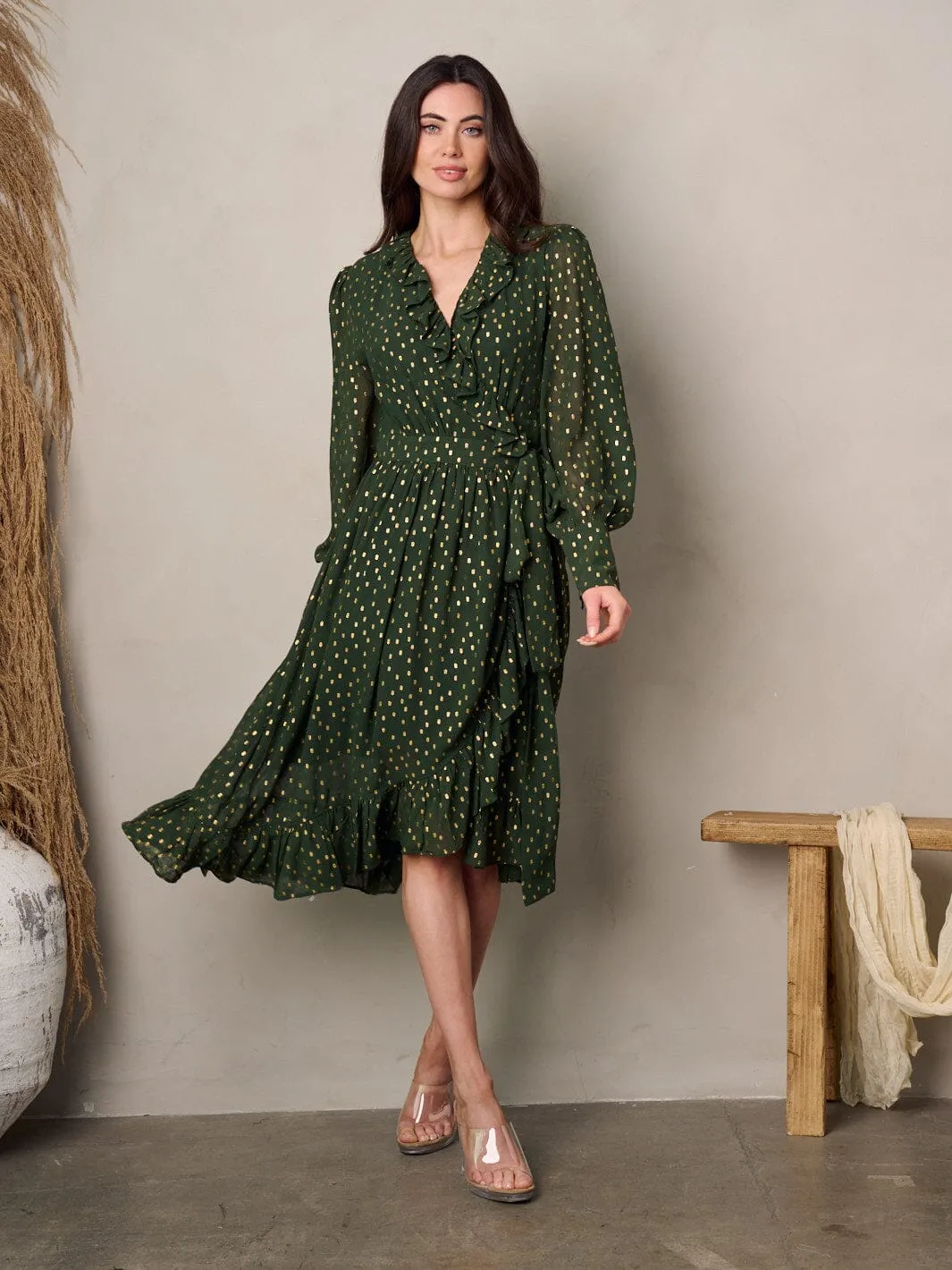 WOMEN'S LONG PUFF SLEEVE V-NECK SHIMMER PRINT WRAP MIDI DRESS