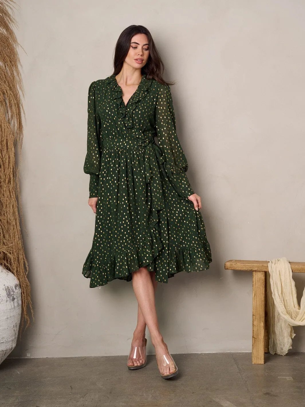 WOMEN'S LONG PUFF SLEEVE V-NECK SHIMMER PRINT WRAP MIDI DRESS