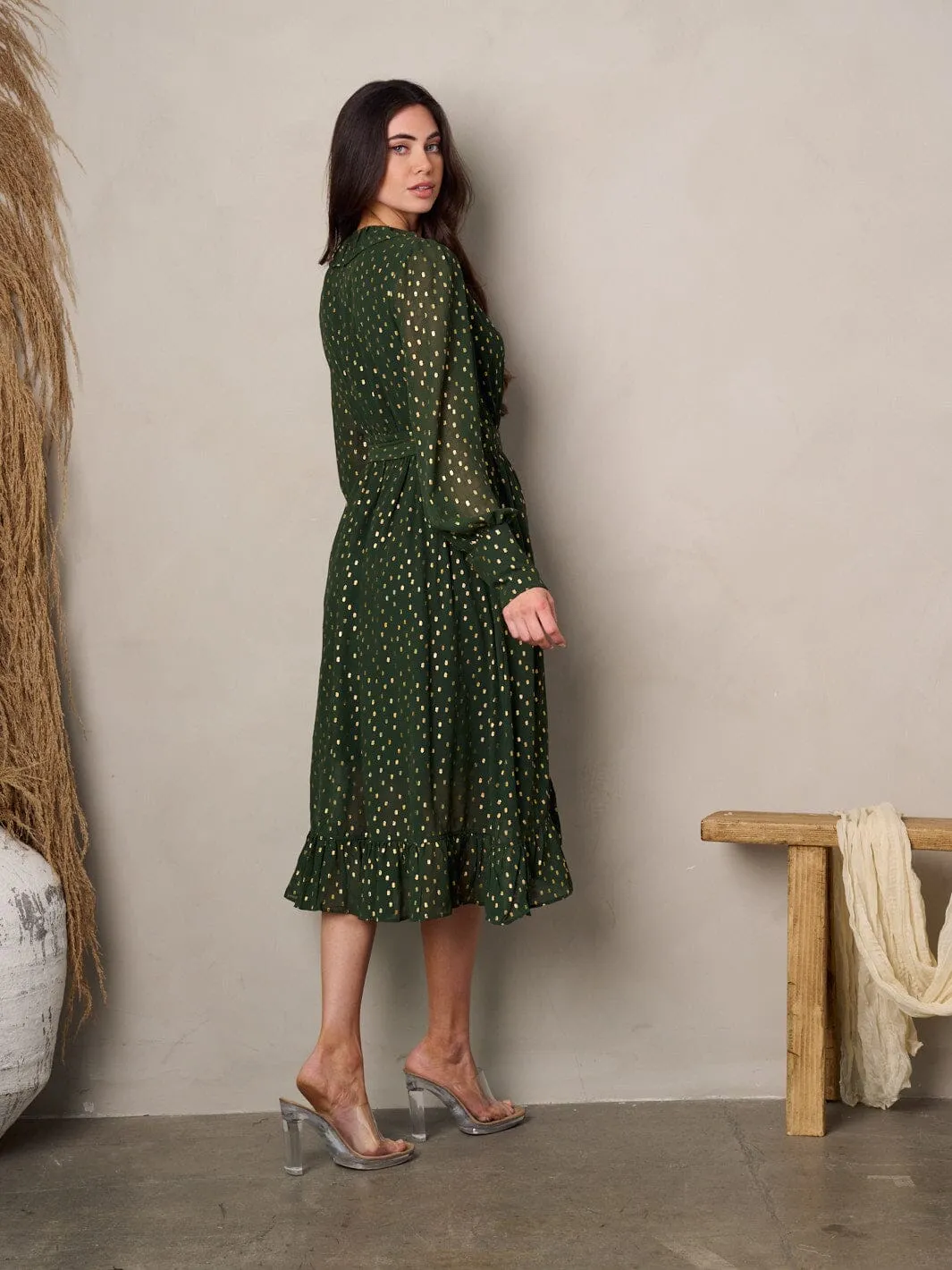 WOMEN'S LONG PUFF SLEEVE V-NECK SHIMMER PRINT WRAP MIDI DRESS