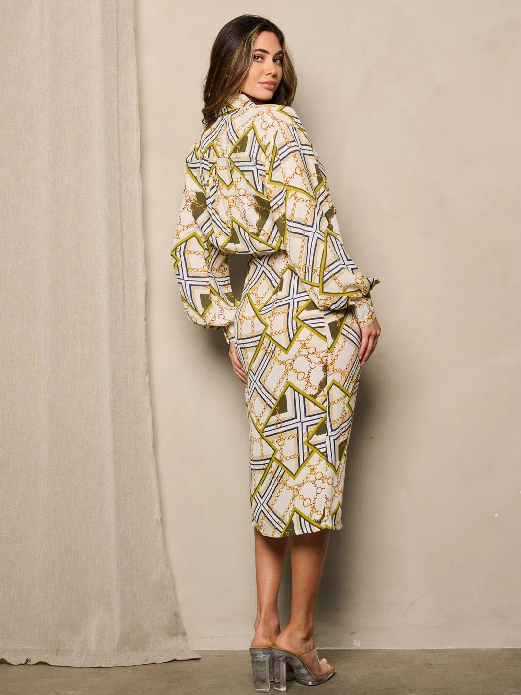 WOMEN'S LONG SLEEVE BUTTON CLOSURE MULTI PRINT WRAP MIDI DRESS