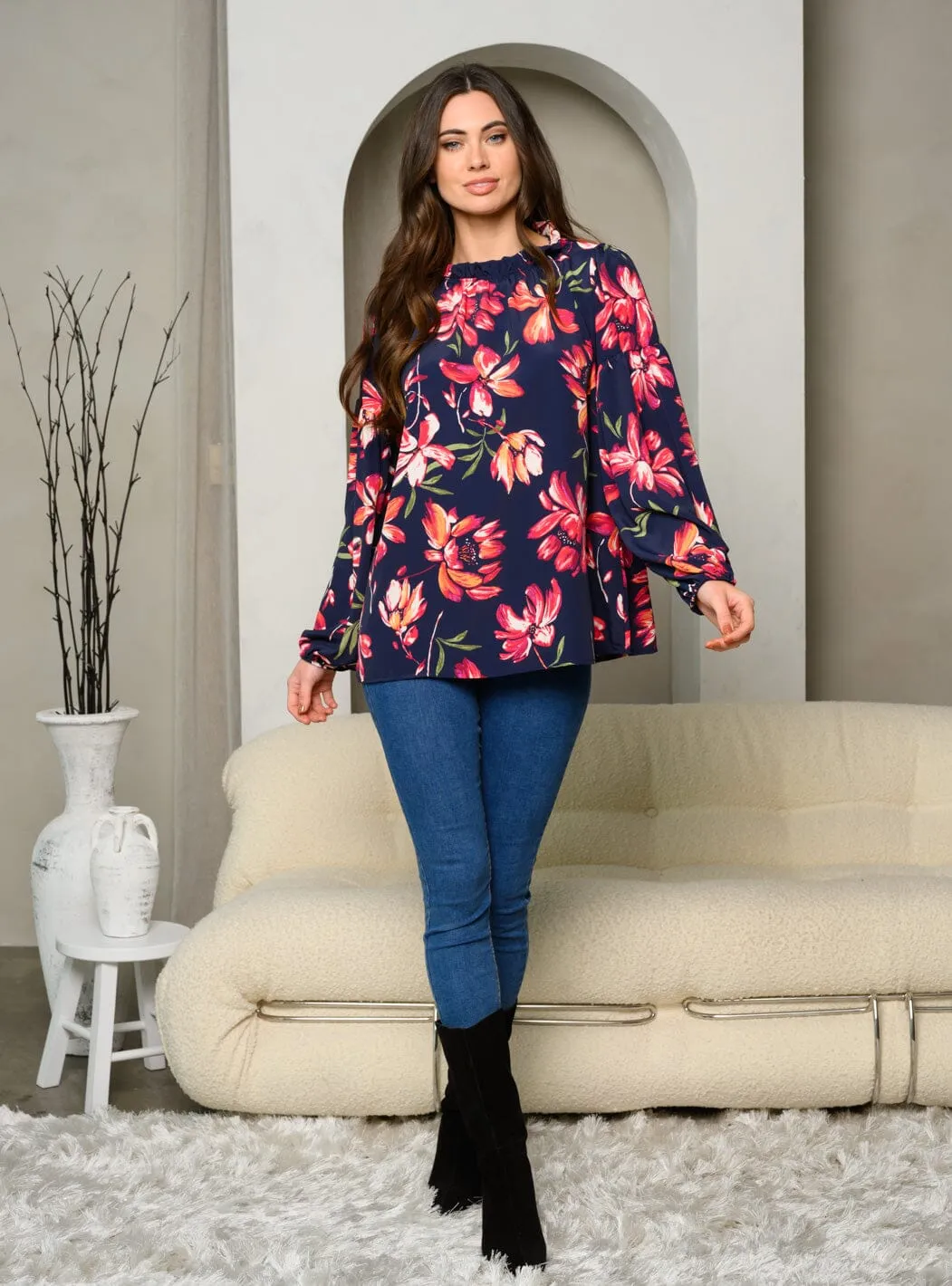 WOMEN'S LONG SLEEVE FLORAL PRINT TUNIC TOP