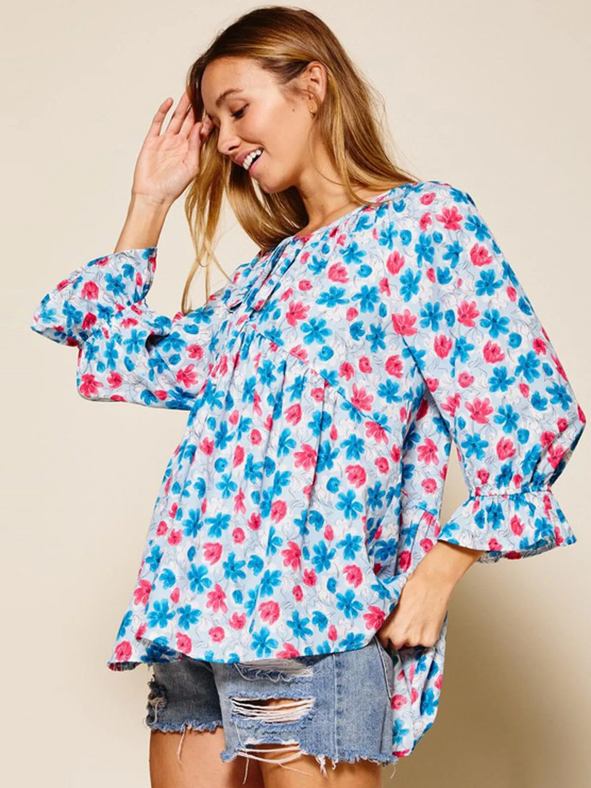 WOMEN'S LONG SLEEVE FRONT TIE BABYDOLL FLORAL TOP