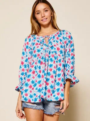 WOMEN'S LONG SLEEVE FRONT TIE BABYDOLL FLORAL TOP