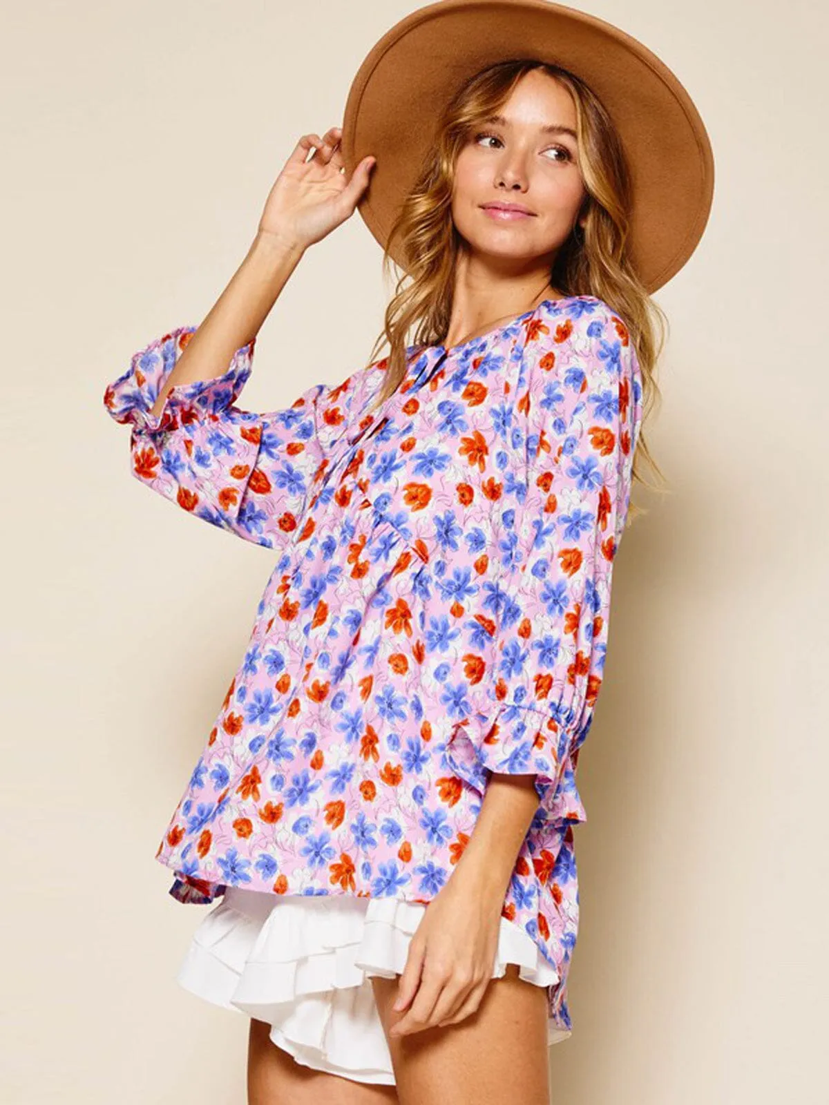 WOMEN'S LONG SLEEVE FRONT TIE BABYDOLL FLORAL TOP