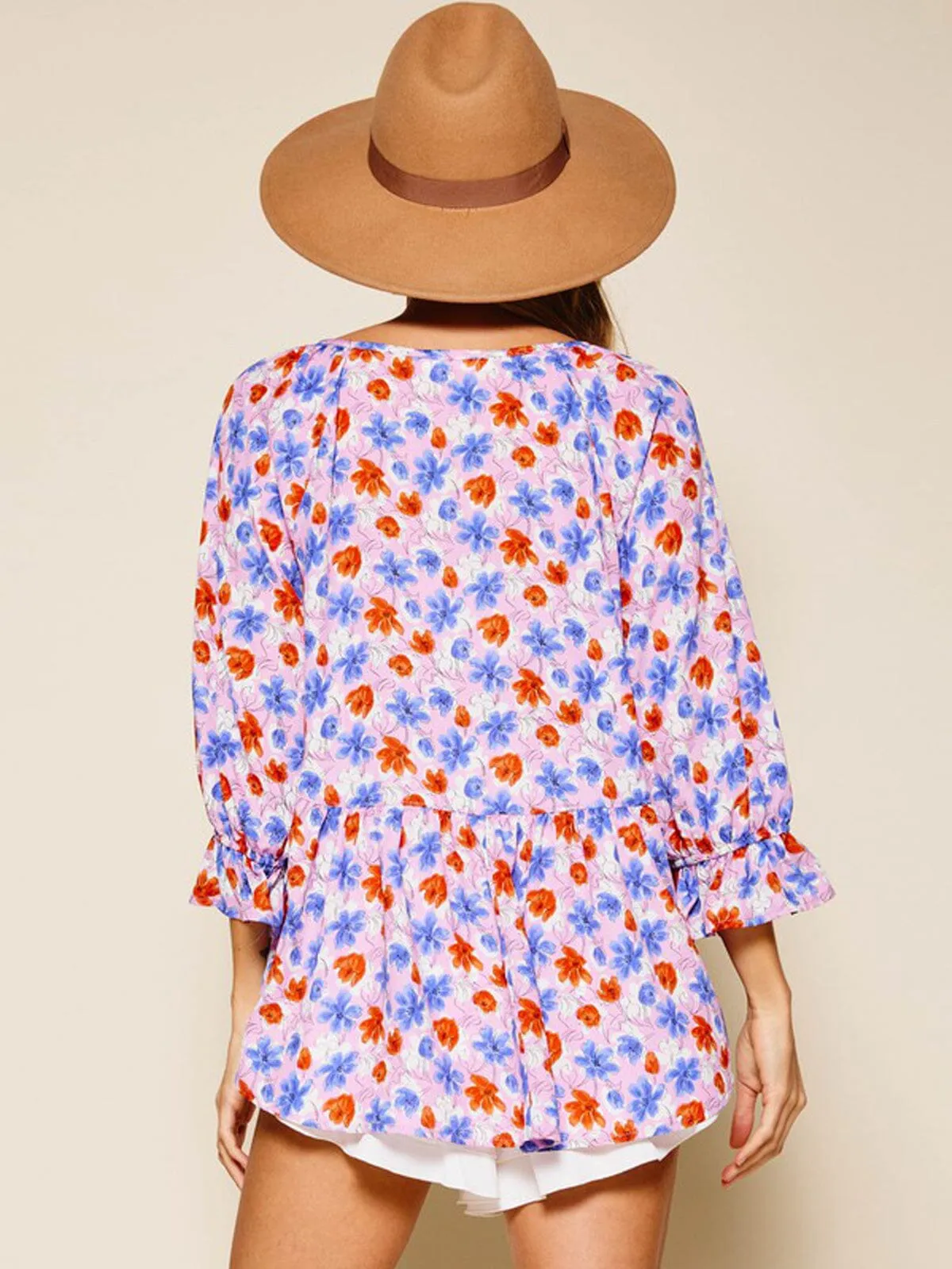 WOMEN'S LONG SLEEVE FRONT TIE BABYDOLL FLORAL TOP