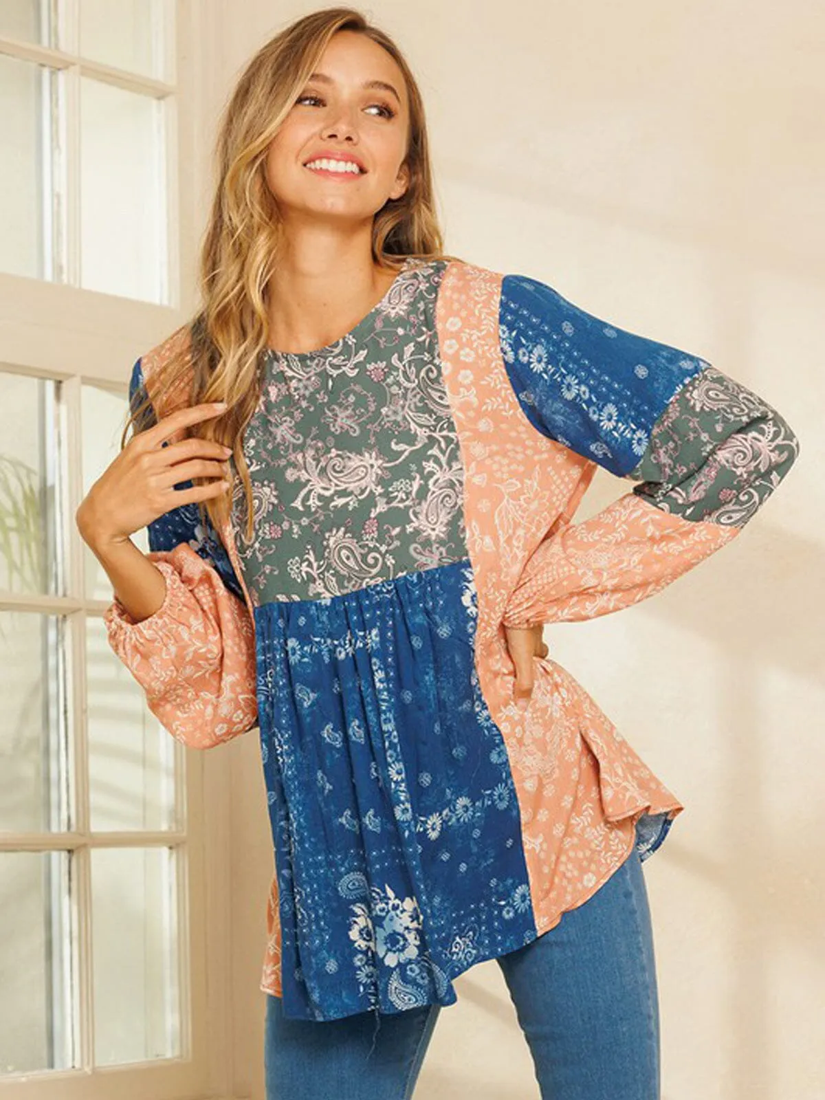 WOMEN'S LONG SLEEVE MULTI PRINT COLORBLOCK TUNIC TOP