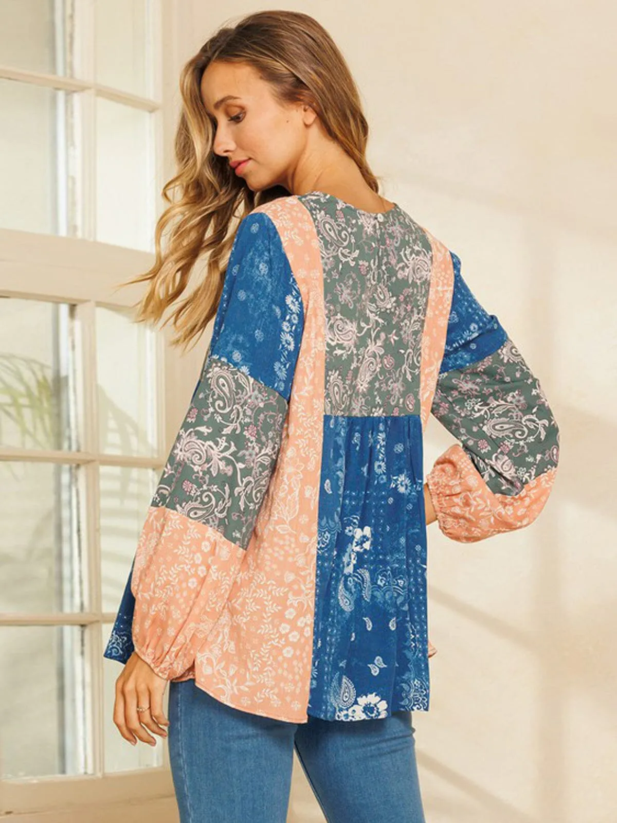 WOMEN'S LONG SLEEVE MULTI PRINT COLORBLOCK TUNIC TOP