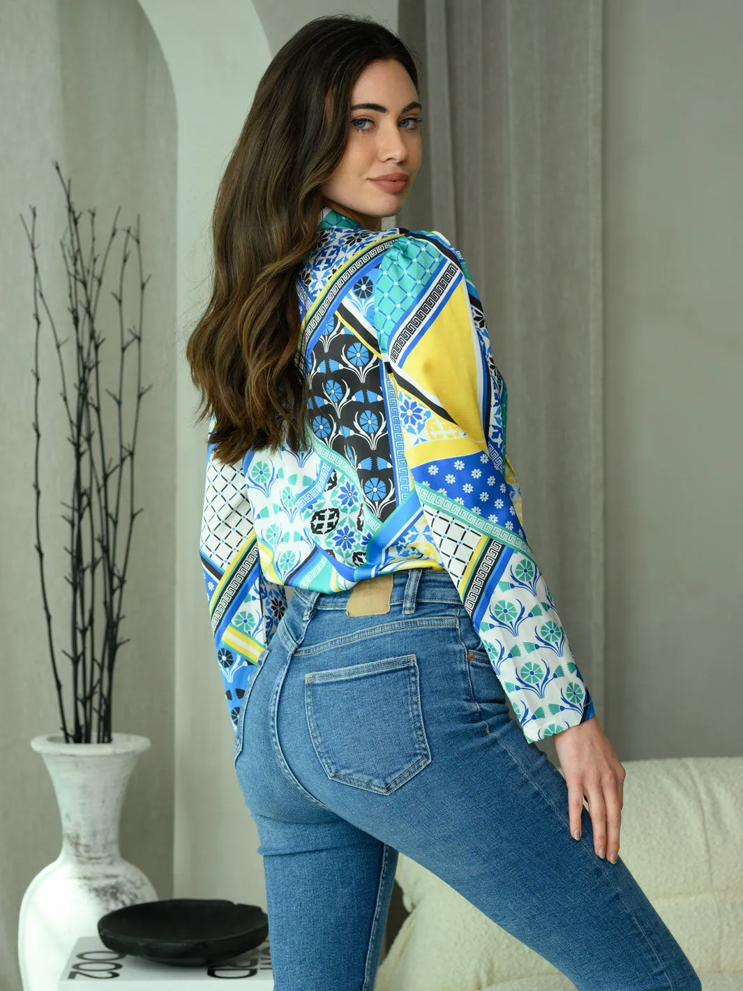 WOMEN'S LONG SLEEVE MULTI PRINT SURPLICE BODYSUIT