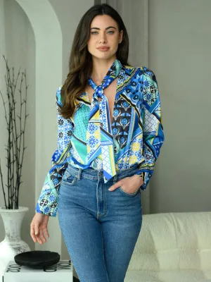 WOMEN'S LONG SLEEVE MULTI PRINT SURPLICE BODYSUIT