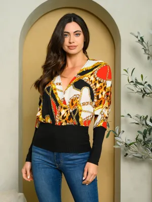 WOMEN'S LONG SLEEVE MULTI PRINT SURPLICE TOP