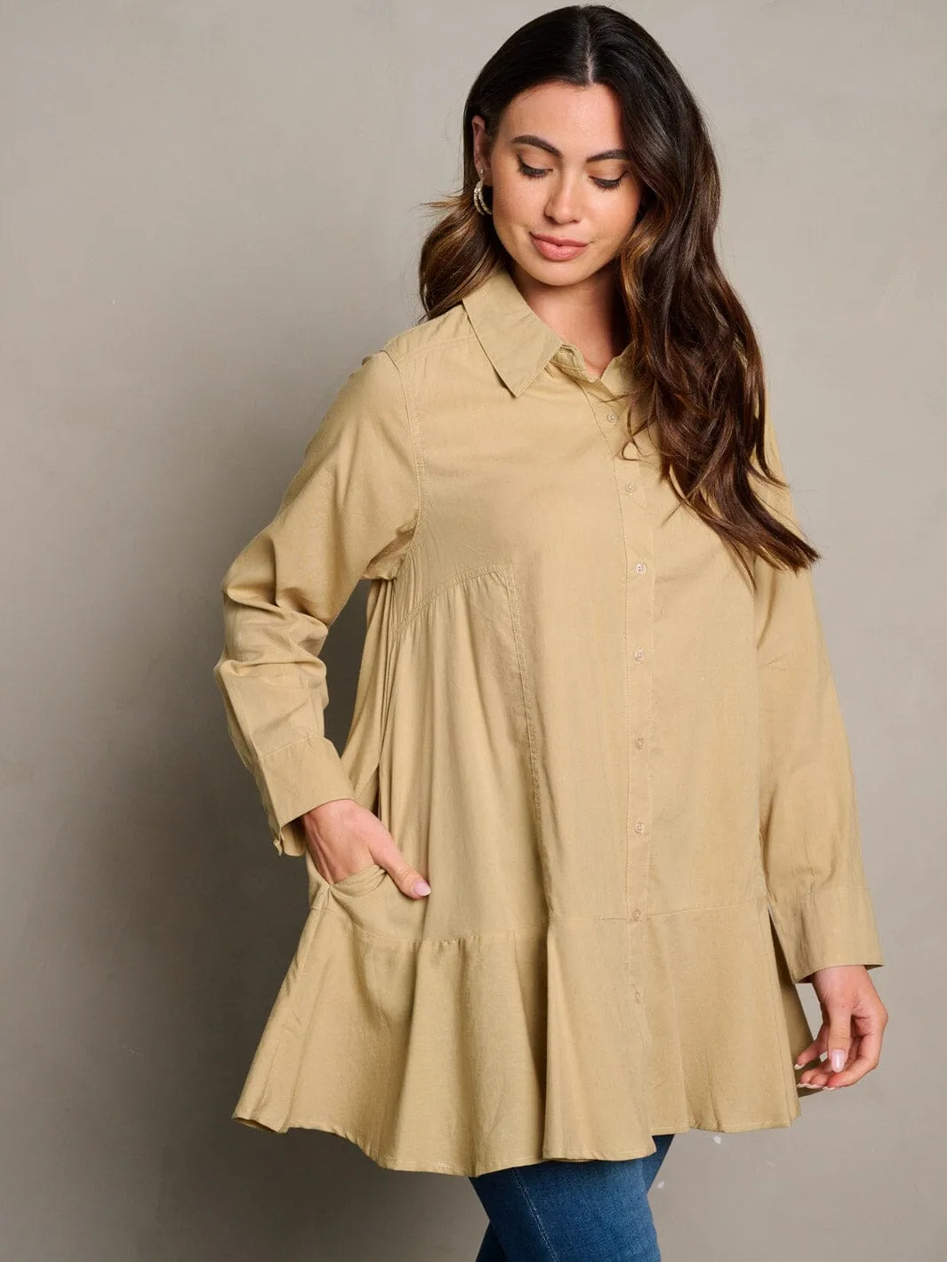 WOMEN'S LONG SLEEVE POCKETS BUTTON UP TUNIC BLOUSE TOP