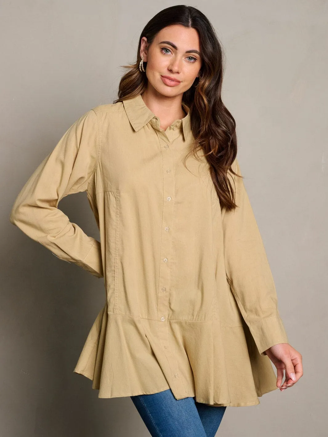 WOMEN'S LONG SLEEVE POCKETS BUTTON UP TUNIC BLOUSE TOP